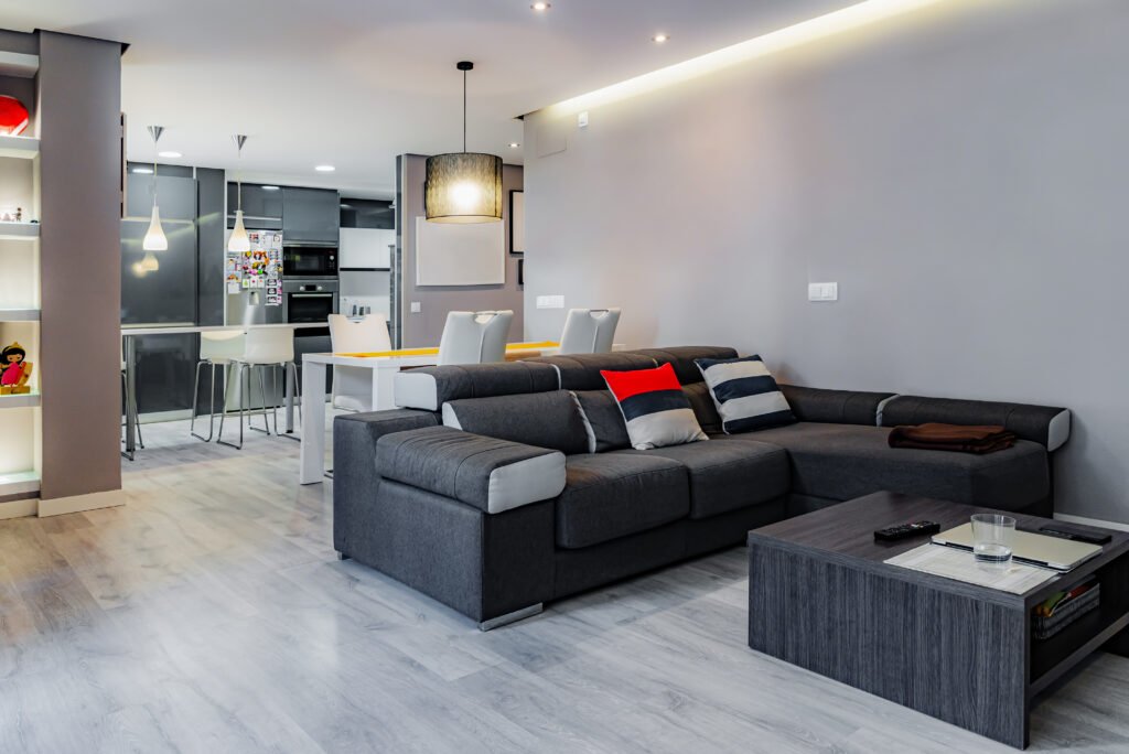 Modern apartment, large sofa, American kitchen